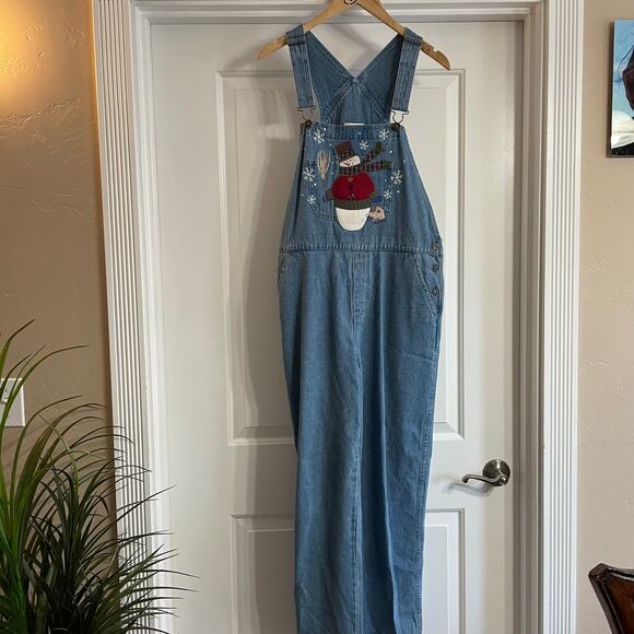 Vintage Christopher & Banks Denim Overalls Medium Embroidered Winter Holidays - Picture 1 of 10
